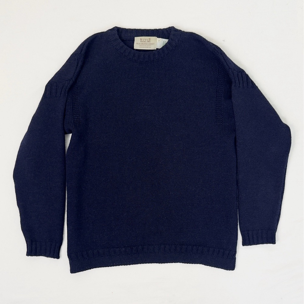 Aran Sweater Market Cable Knit 100% Wool Crew Neck Pullover Sweater Navy Blue L